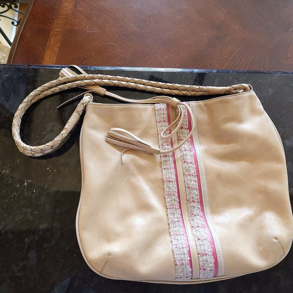 Women's vintage boho Violette Nozieres bag 11"X13", tan and pink leather. Used - Picture 1 of 13